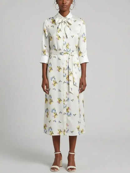 Floral Printed Silk Tie-Neck Shirt Dress - S - Dresses