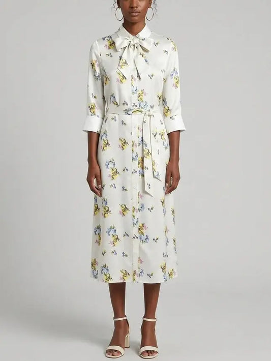 Floral Printed Silk Tie-Neck Shirt Dress - S - Dresses