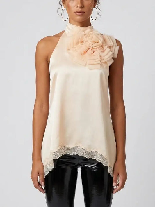 Blue Floral-Appliqué Short-Sleeve Cotton Shirt - Small / Peach - Tops