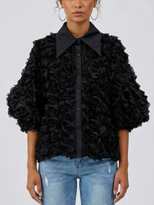 Floral Rosette Puff Sleeve Blouse - Small / Black - Tops