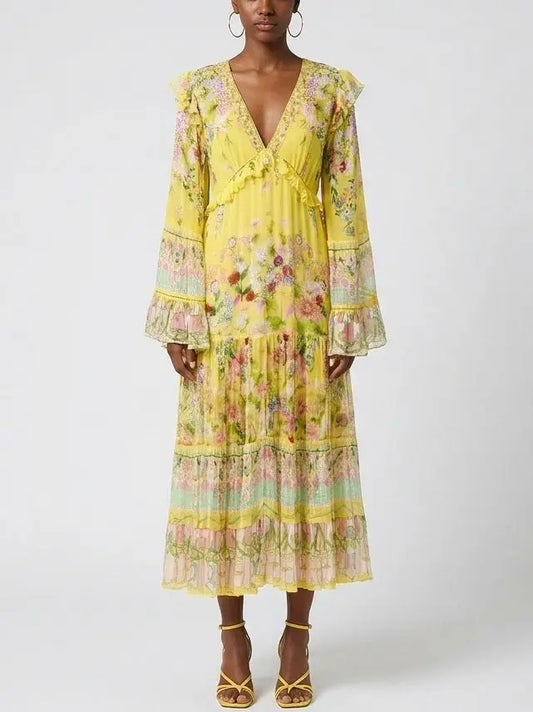 Floral Ruffle-Trim Silk Plunge Midi Dress - XS - Dresses