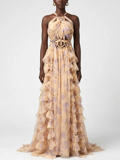 Floral Ruffle Halter Maxi Dress with Cutout Waist - Small - Dresses