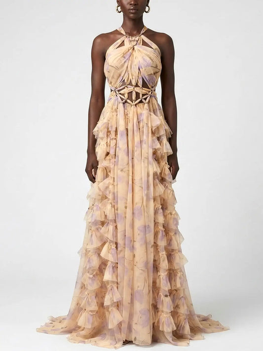 Floral Ruffle Halter Maxi Dress with Cutout Waist - Small - Dresses