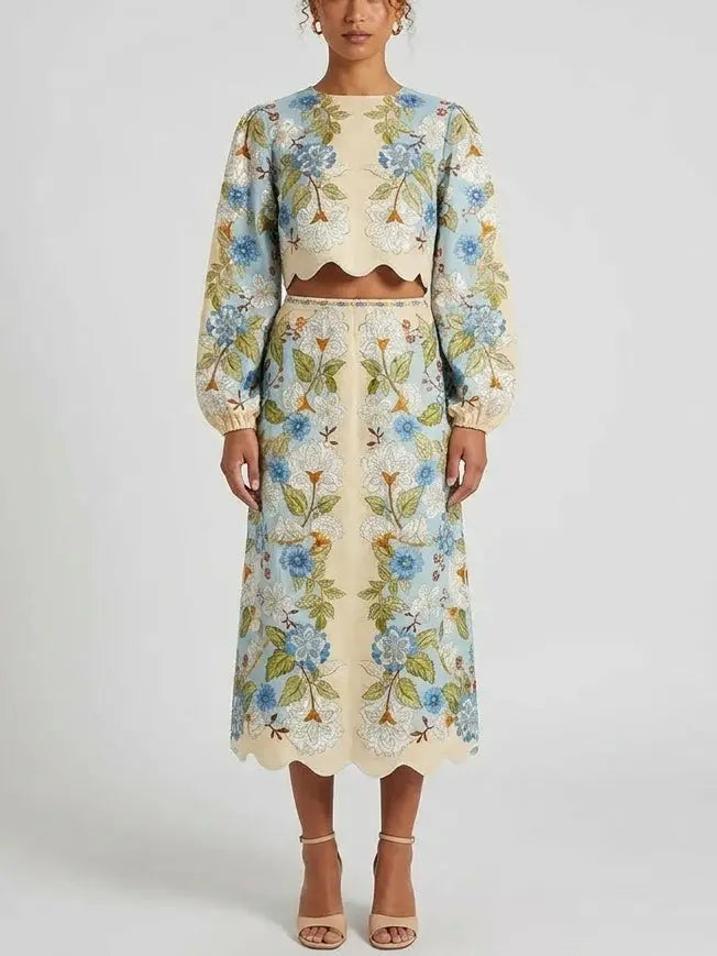 Floral Scalloped Crop Top and Midi Skirt Set - Small - Suits & Sets