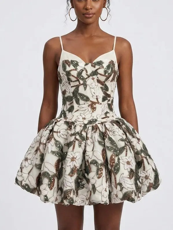 Floral Sequin Embellished Bubble Hem Mini Dress - S - Dresses