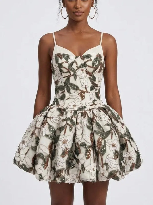 Floral Sequin Embellished Bubble Hem Mini Dress - S - Dresses
