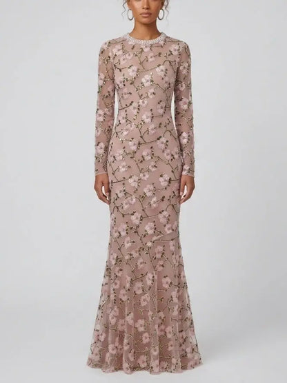 Floral Sequin Embroidered Pink Maxi Dress - XS - Dresses