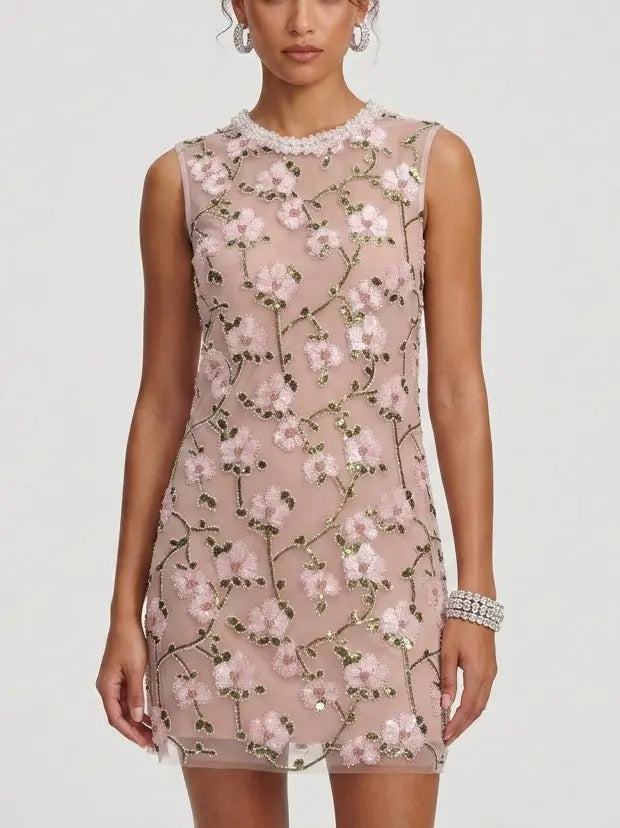 Floral Sequin Mesh Mini Dress with Beaded Collar - XS - Dresses