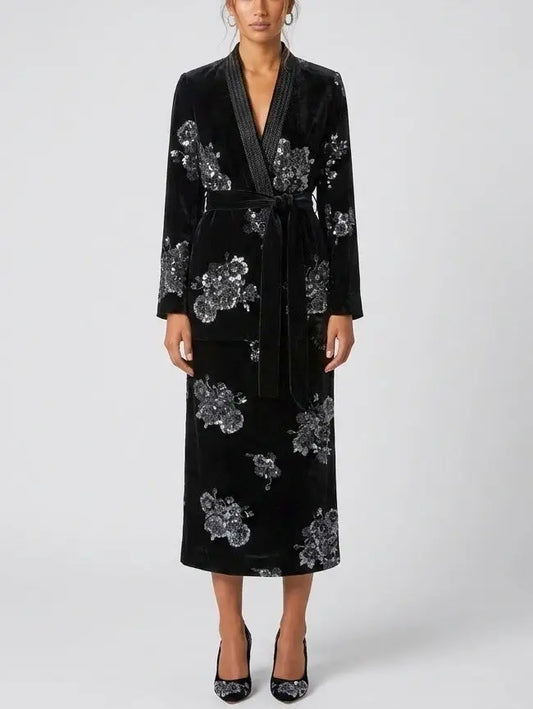 Crystal and Sequin Embellished Floral Jacket and Skirt Set - Small - Suits & Sets