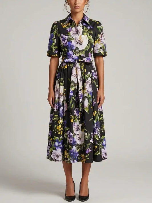 Floral Shirt Midi Dress with Belt - S - Dresses