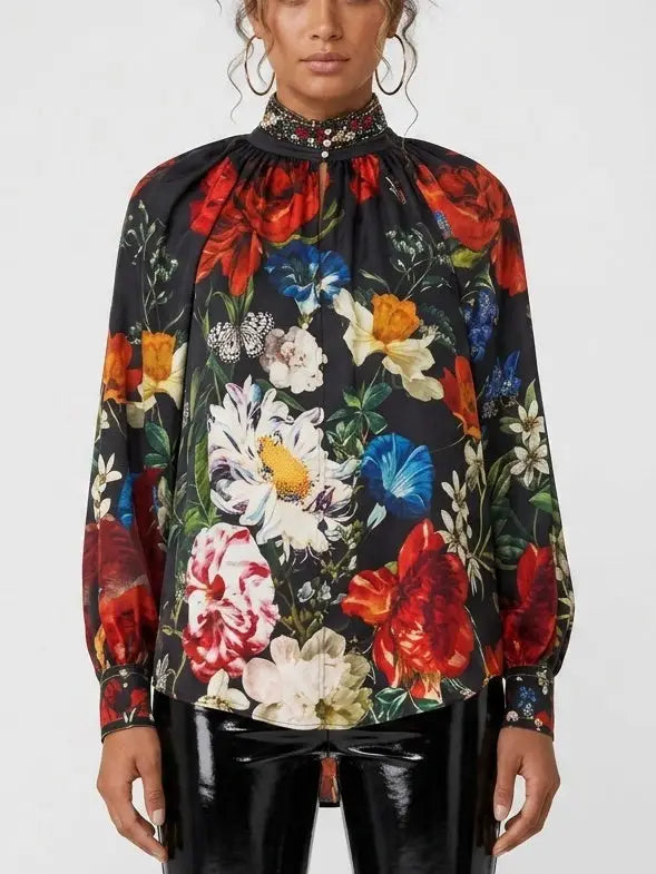 Floral Silk Blouse with Crystal Collar and Cuffs - XS - Tops