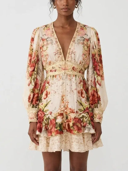 Floral Silk Blouson Sleeve V-Neck Mini Dress - XS - Dresses