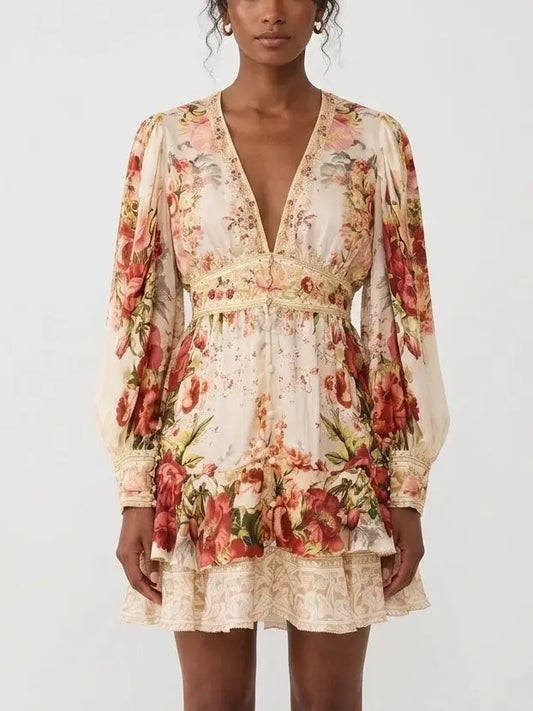 Floral Silk Blouson Sleeve V-Neck Mini Dress - XS - Dresses