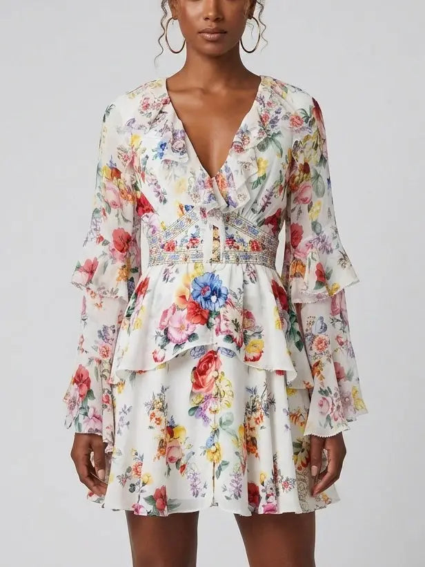 Floral Silk Button-Front Ruffle Mini Dress - S - Dresses