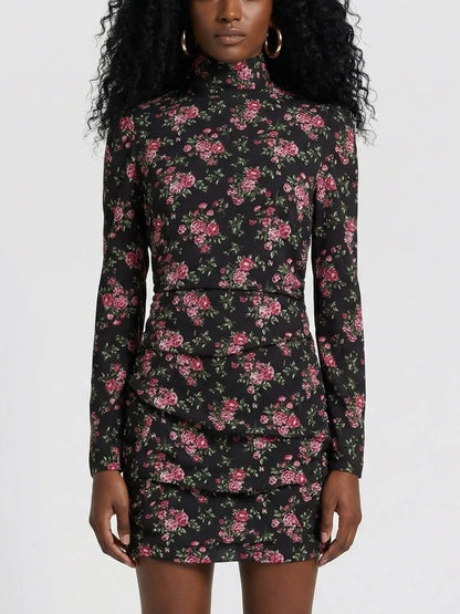 Floral Silk High-Neck Ruched Mini Dress - S - Dresses