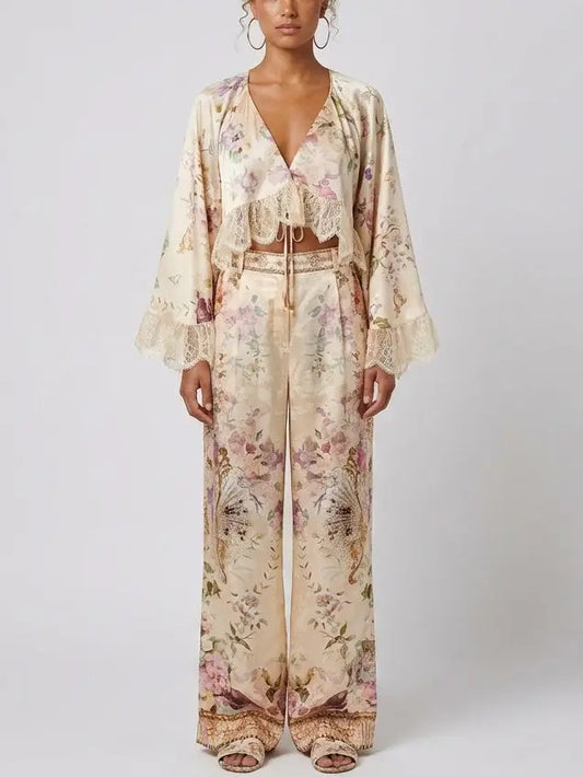 Floral Silk Lace Trim Top and Pant Set - XS - Suits & Sets