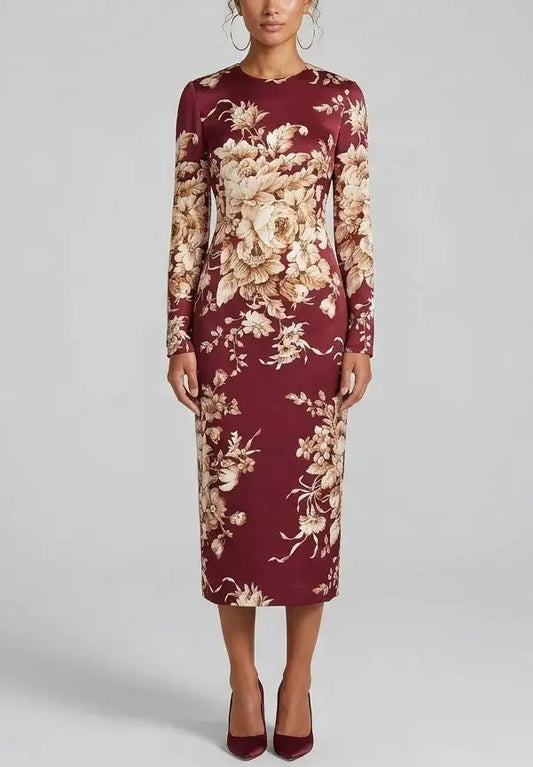 Floral Silk Long Sleeve Sheath Midi Dress - S - Dresses