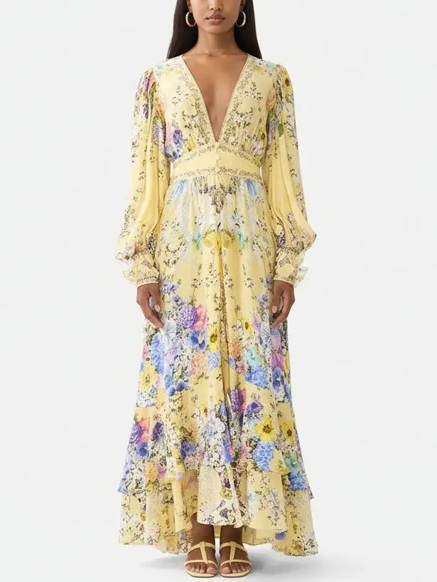 Floral Silk Maxi Dress with Tiered Hem in Yellow - Small - Dresses