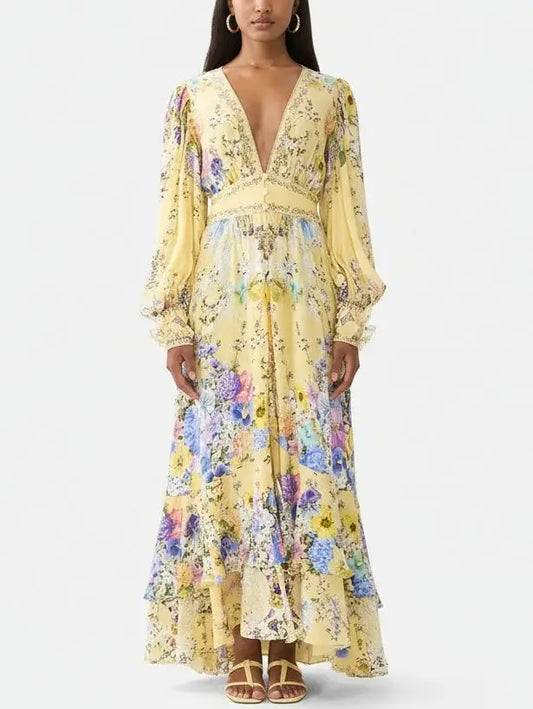 Floral Silk Maxi Dress with Tiered Hem in Yellow - Small - Dresses