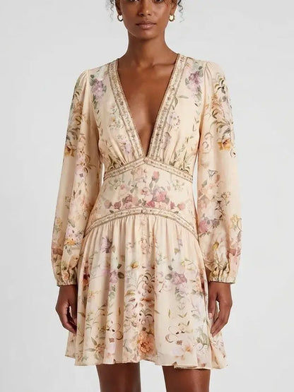 Printed Button Front Silk Frill Dress - Small - Dresses