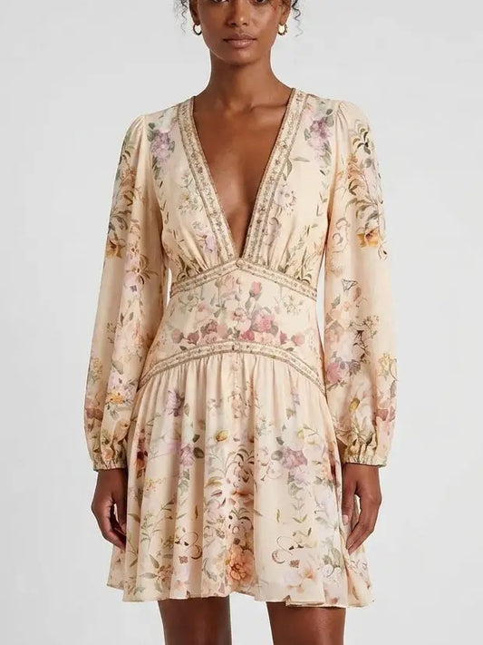 Printed Button Front Silk Frill Dress - Small - Dresses