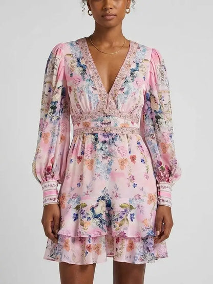 Floral Silk Plunge Mini Dress with Ruffle Hem - S - Dresses
