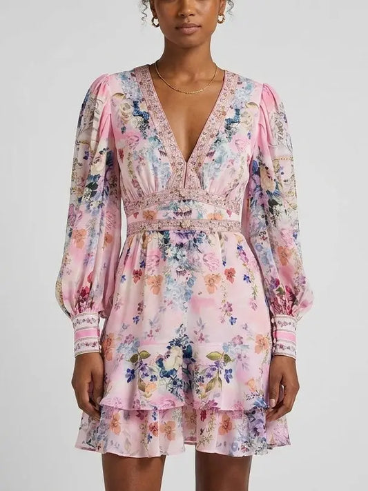 Floral Silk Plunge Mini Dress with Ruffle Hem - S - Dresses