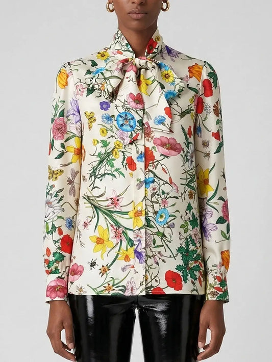 Floral Silk Twill Bow-Tie Blouse - S - Tops