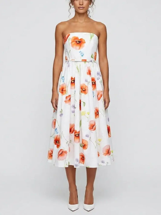 Floral Strapless Belted A-Line Midi Dress - S - Dresses