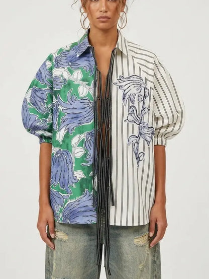 Floral Stripe Tie Front Blouse - Small - Tops