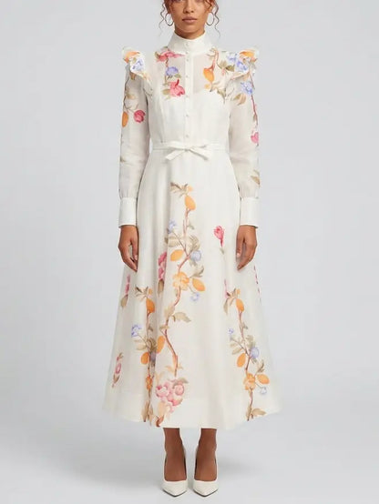 Floral Vine Print Silk Linen Belted Dress - S - Dresses