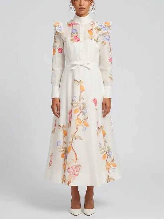 Floral Vine Print Silk Linen Belted Dress - S - Dresses