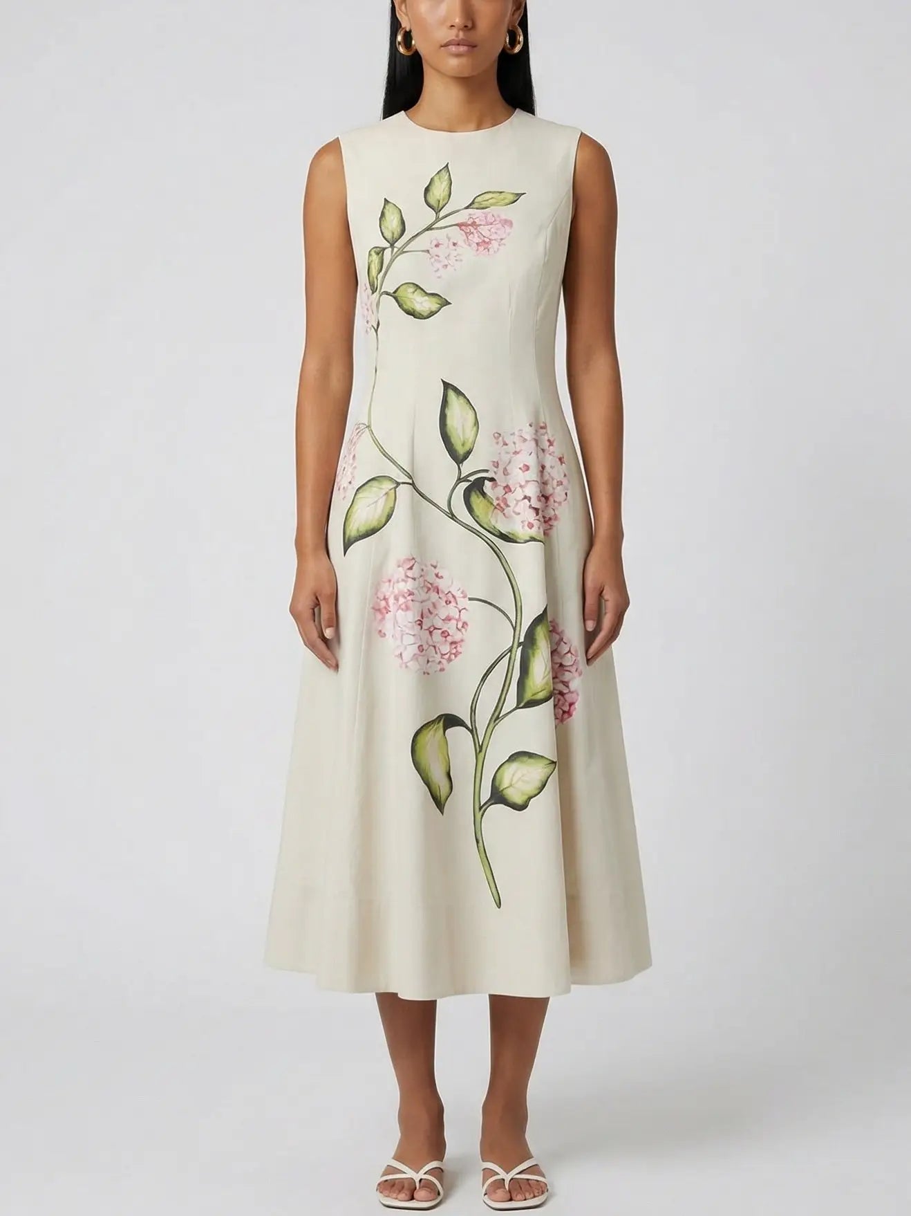 Floral Vine Print Sleeveless Cotton Midi Dress - S - Dresses