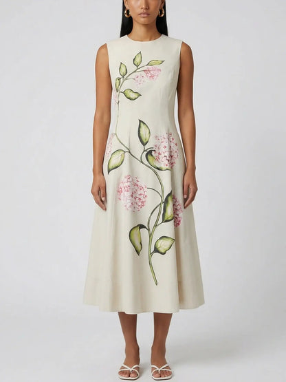 Floral Vine Print Sleeveless Cotton Midi Dress - S - Dresses