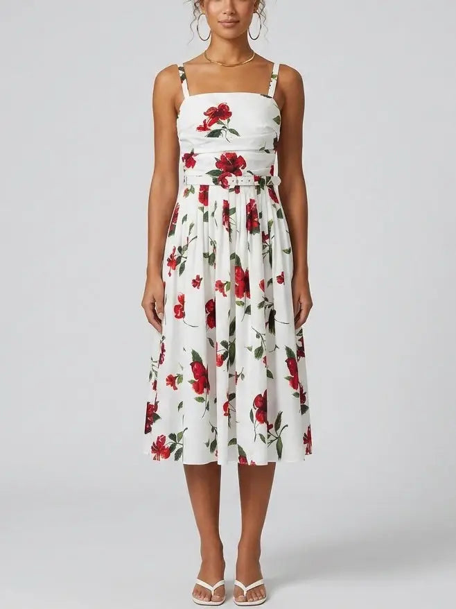 Floral White Sleeveless Gathered Fit and Flare Midi Dress Floral White Sleeveless Gathered Fit and Flare Midi Dress