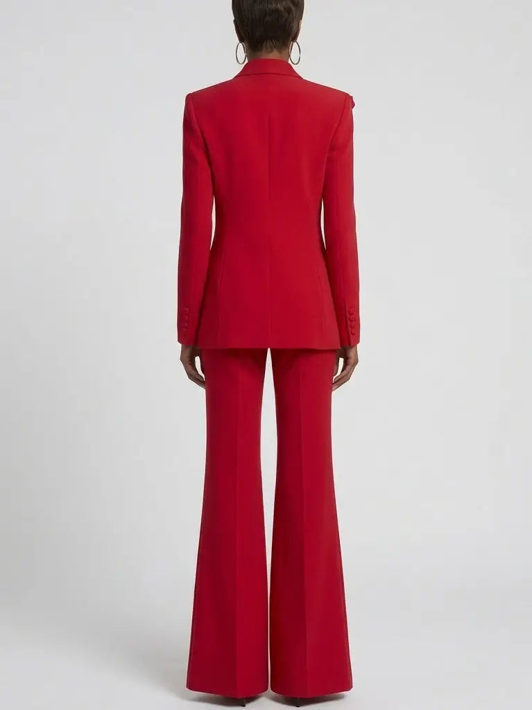 Floral Appliqué Blazer and Flared Pant Suit in Red - Suits & Sets