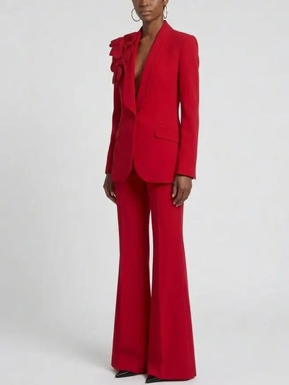 Floral Appliqué Blazer and Flared Pant Suit in Red - Suits & Sets