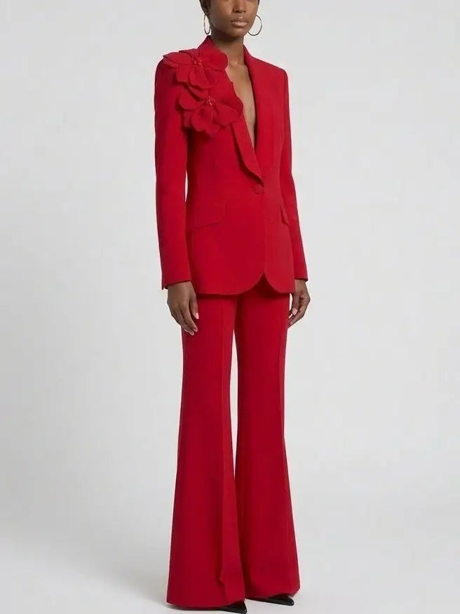 Floral Appliqué Blazer and Flared Pant Suit in Red - Suits & Sets