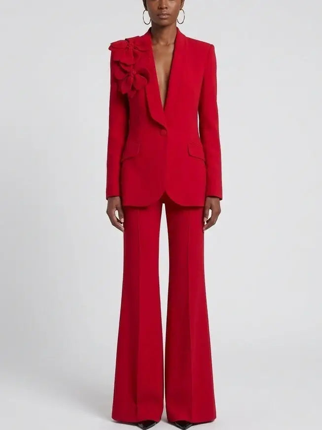 Floral Appliqué Blazer and Flared Pant Suit in Red - Suits & Sets