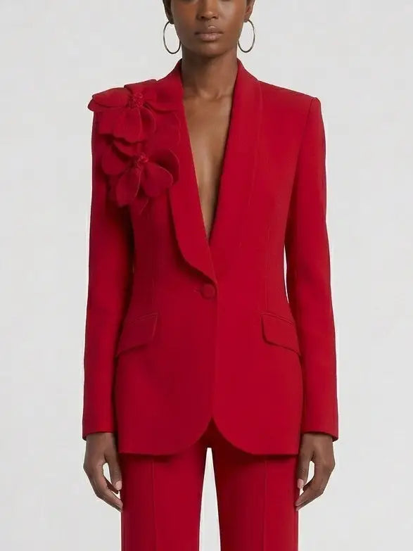 Floral Appliqué Blazer and Flared Pant Suit in Red - Suits & Sets