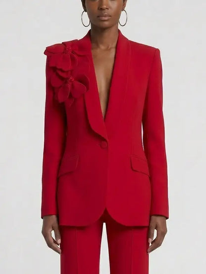 Floral Appliqué Blazer and Flared Pant Suit in Red - Suits & Sets