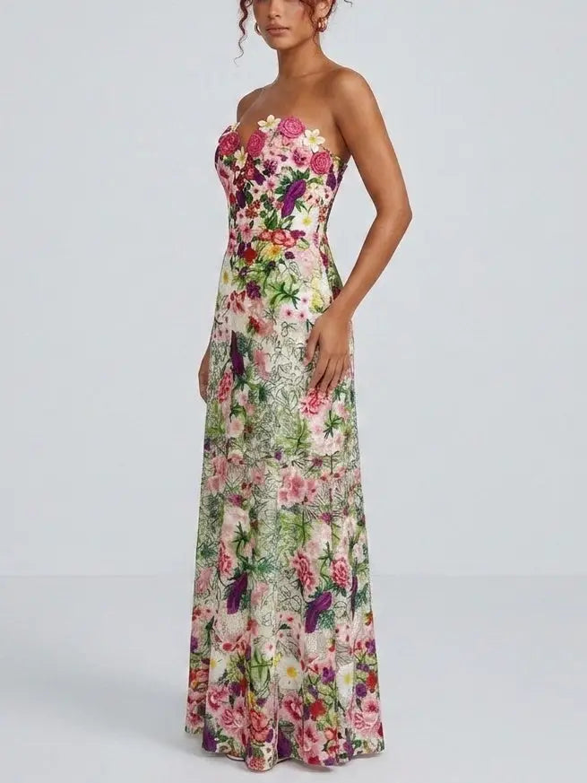 Floral Appliqué Embroidered Strapless Maxi Dress - Dresses