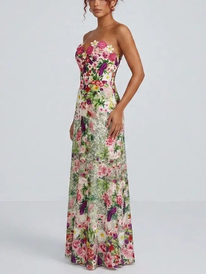 Floral Appliqué Embroidered Strapless Maxi Dress - Dresses