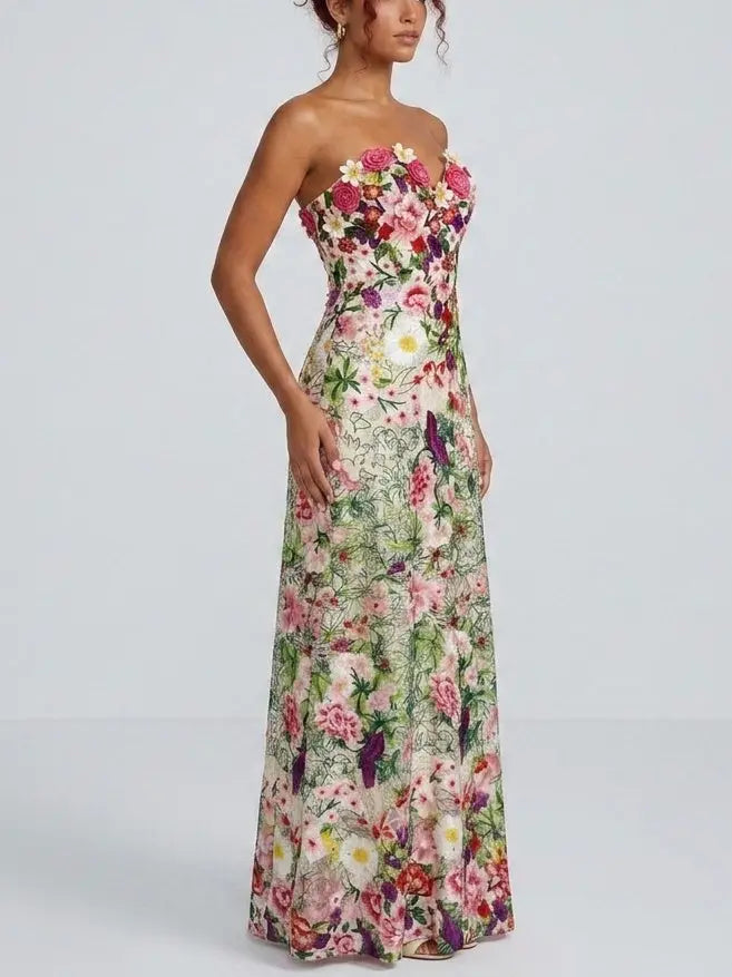 Floral Appliqué Embroidered Strapless Maxi Dress - Dresses