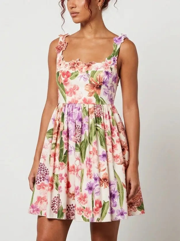 Floral Appliqué Print Fit and Flare Mini Dress - Dresses