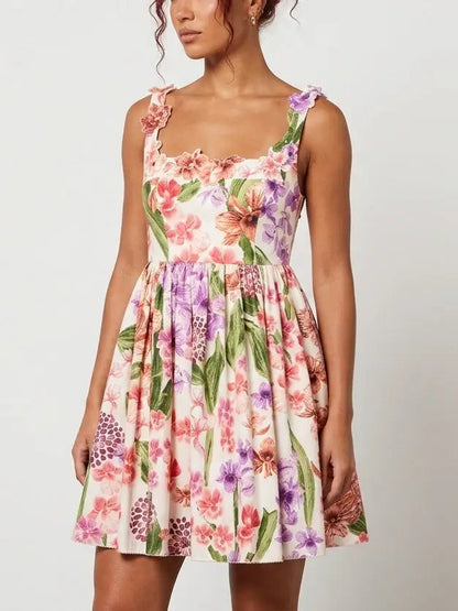 Floral Appliqué Print Fit and Flare Mini Dress - Dresses
