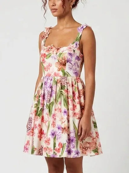 Floral Appliqué Print Fit and Flare Mini Dress - Dresses