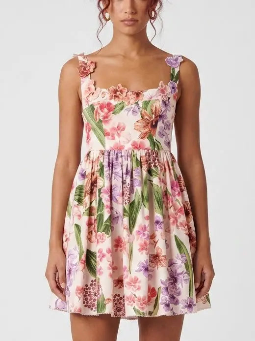 Floral Appliqué Print Fit and Flare Mini Dress - Dresses
