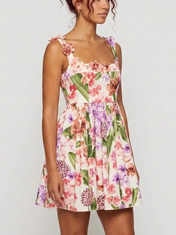 Floral Appliqué Print Fit and Flare Mini Dress - Dresses
