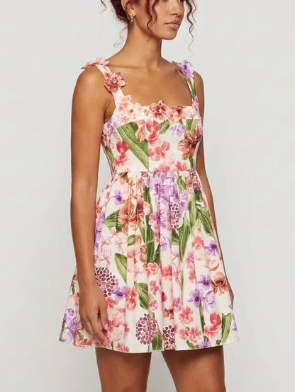 Floral Appliqué Print Fit and Flare Mini Dress - Dresses